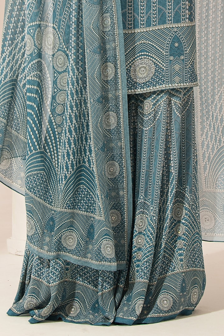 Aqua Bemberg Crepe Digital Printed Party Wear Sharara Set by NIRRAAMYAA at Pernia's Pop Up Shop
