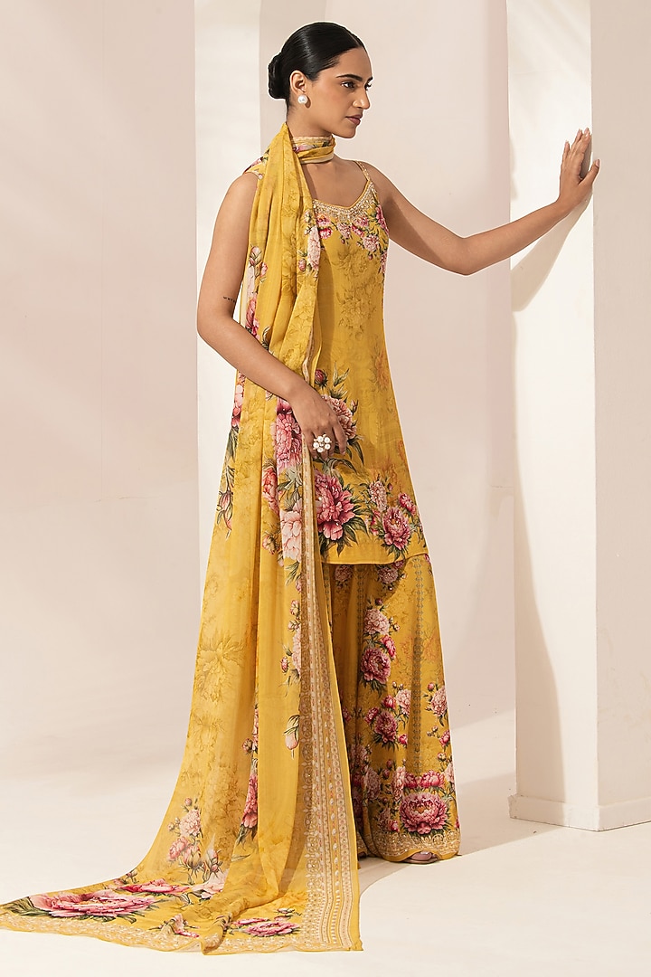 Mustard Bemberg Crepe Digital Printed Party Wear Sharara Set by NIRRAAMYAA at Pernia's Pop Up Shop