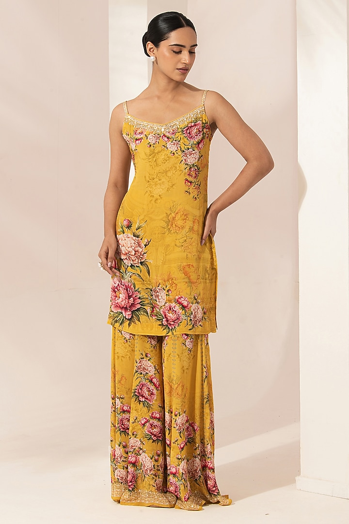 Mustard Bemberg Crepe Digital Printed Party Wear Sharara Set by NIRRAAMYAA at Pernia's Pop Up Shop