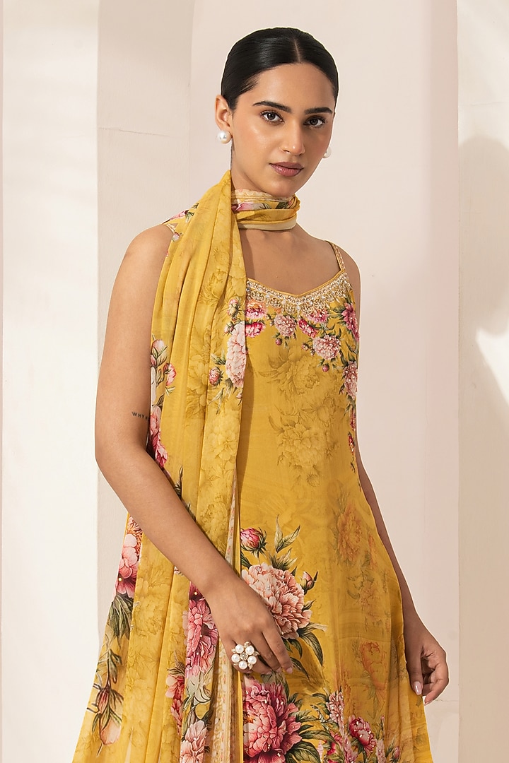 Mustard Bemberg Crepe Digital Printed Party Wear Sharara Set by NIRRAAMYAA at Pernia's Pop Up Shop
