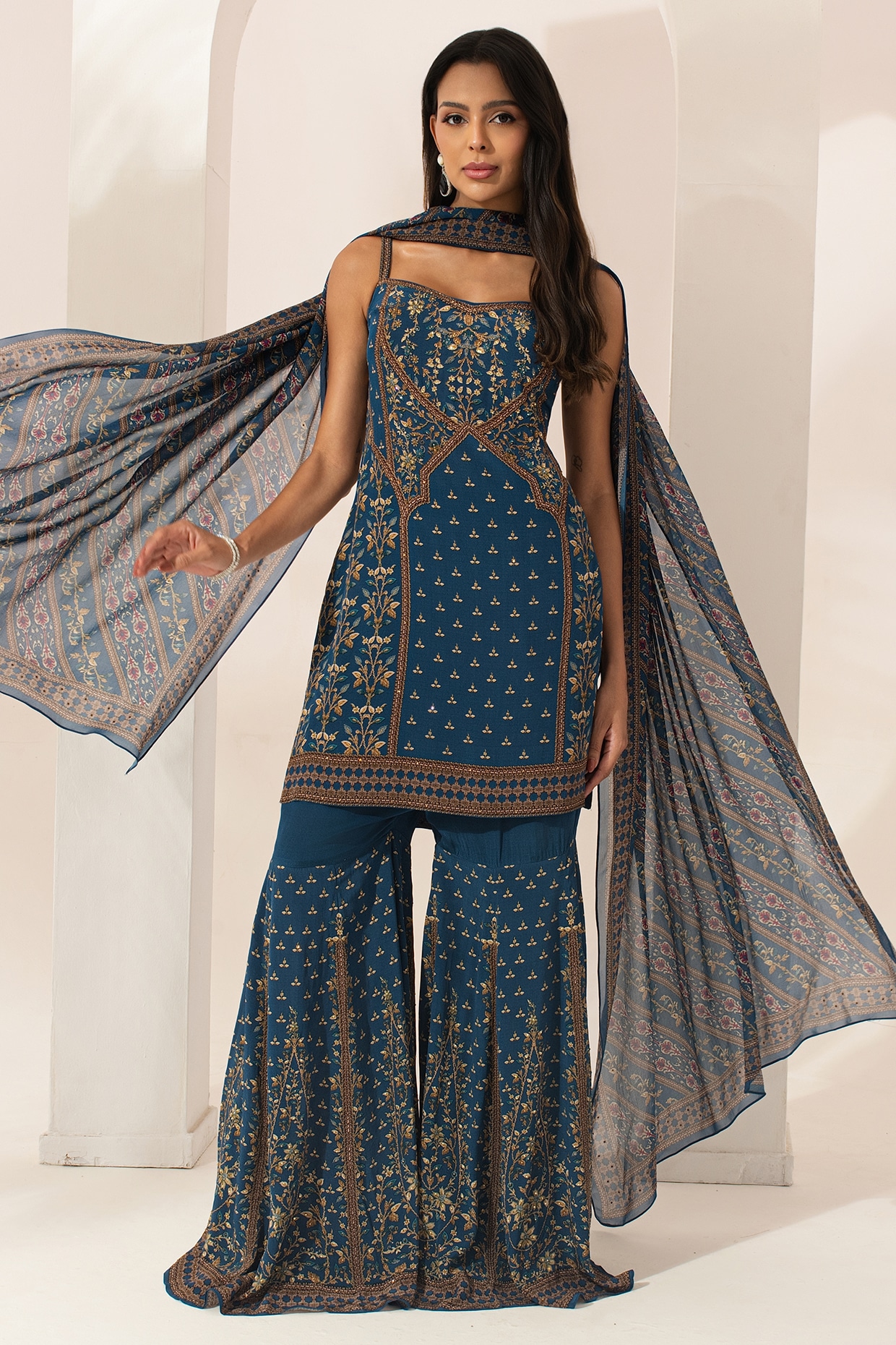 NIRRAAMYAA Blue Bemberg Crepe Digital Printed Sharara Set
