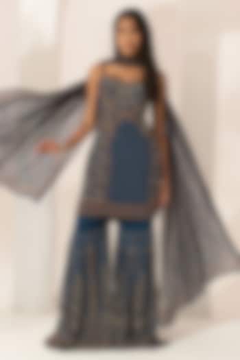 Blue Bemberg Crepe Digital Printed Party Wear Sharara Set by NIRRAAMYAA at Pernia's Pop Up Shop