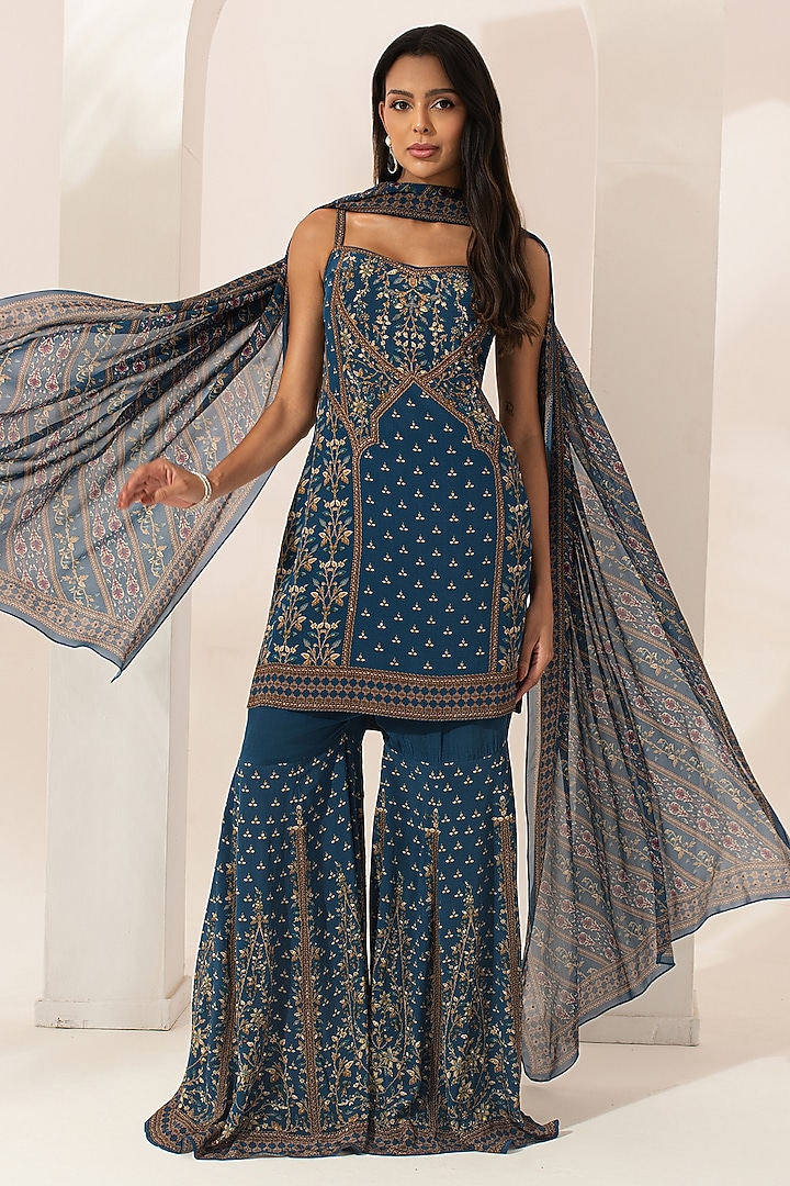 Blue Bemberg Crepe Digital Printed Party Wear Sharara Set by NIRRAAMYAA at Pernia's Pop Up Shop