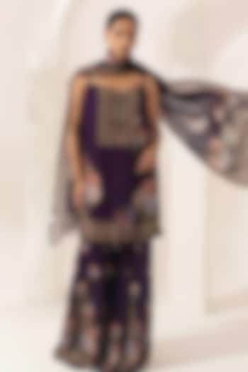 Purple Bemberg Crepe Digital Printed Party Wear Sharara Set by NIRRAAMYAA at Pernia's Pop Up Shop