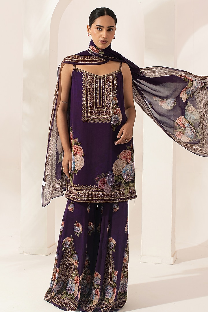 Purple Bemberg Crepe Digital Printed Party Wear Sharara Set by NIRRAAMYAA at Pernia's Pop Up Shop