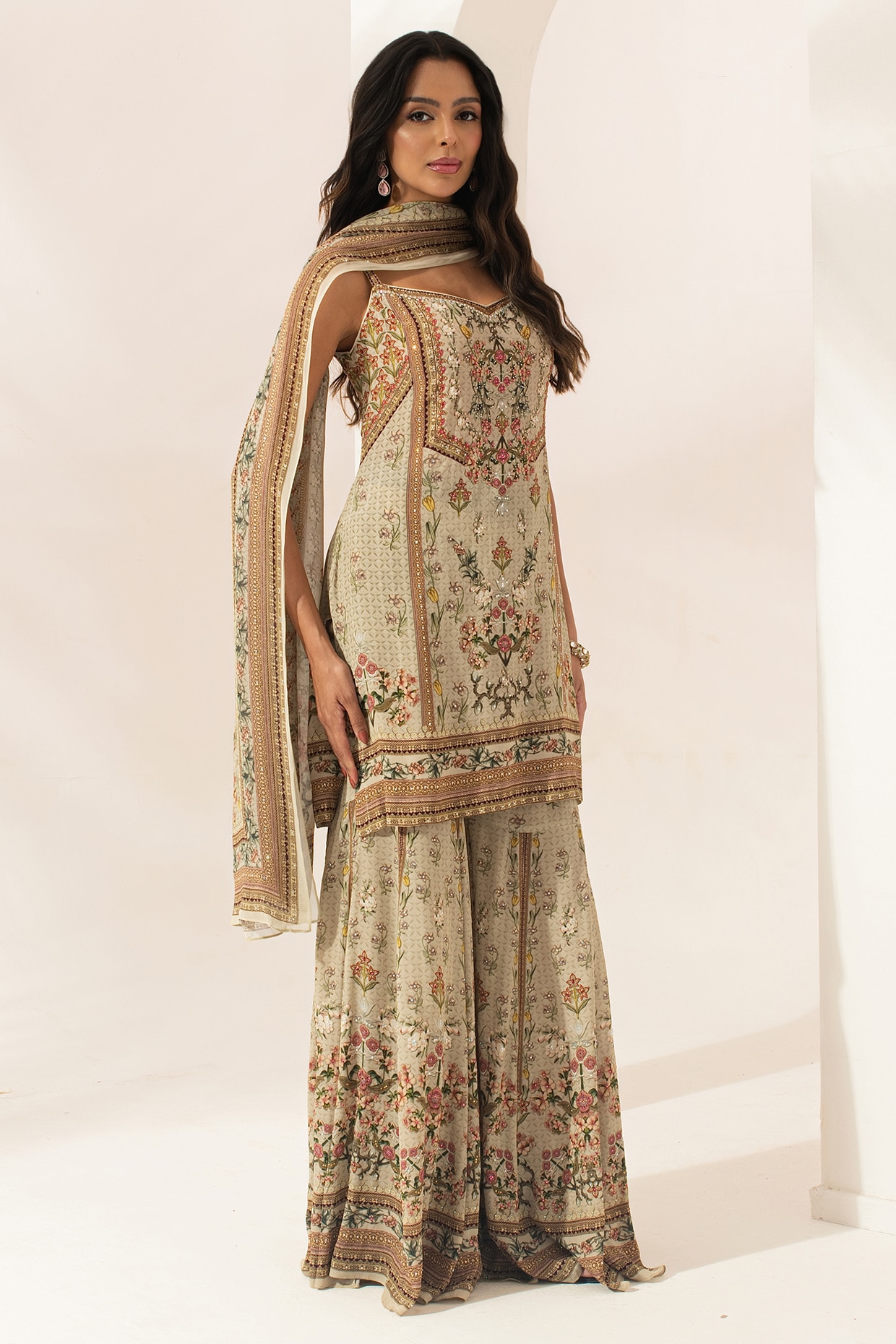 NIRRAAMYAA Beige Bemberg Crepe Digital Printed Sharara Set
