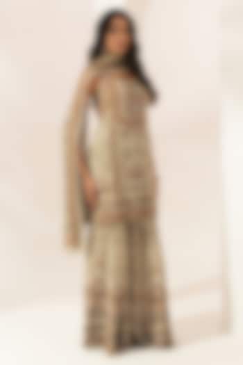 Beige Bemberg Crepe Digital Printed Party Wear Sharara Set by NIRRAAMYAA at Pernia's Pop Up Shop