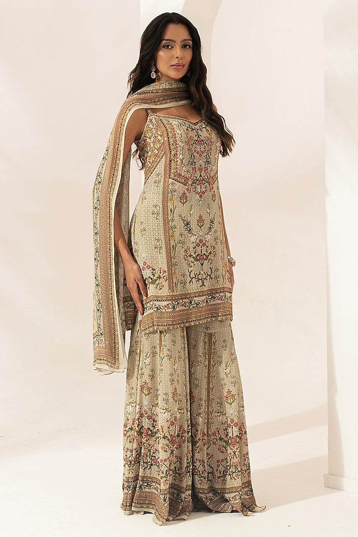 Beige Bemberg Crepe Digital Printed Party Wear Sharara Set by NIRRAAMYAA at Pernia's Pop Up Shop