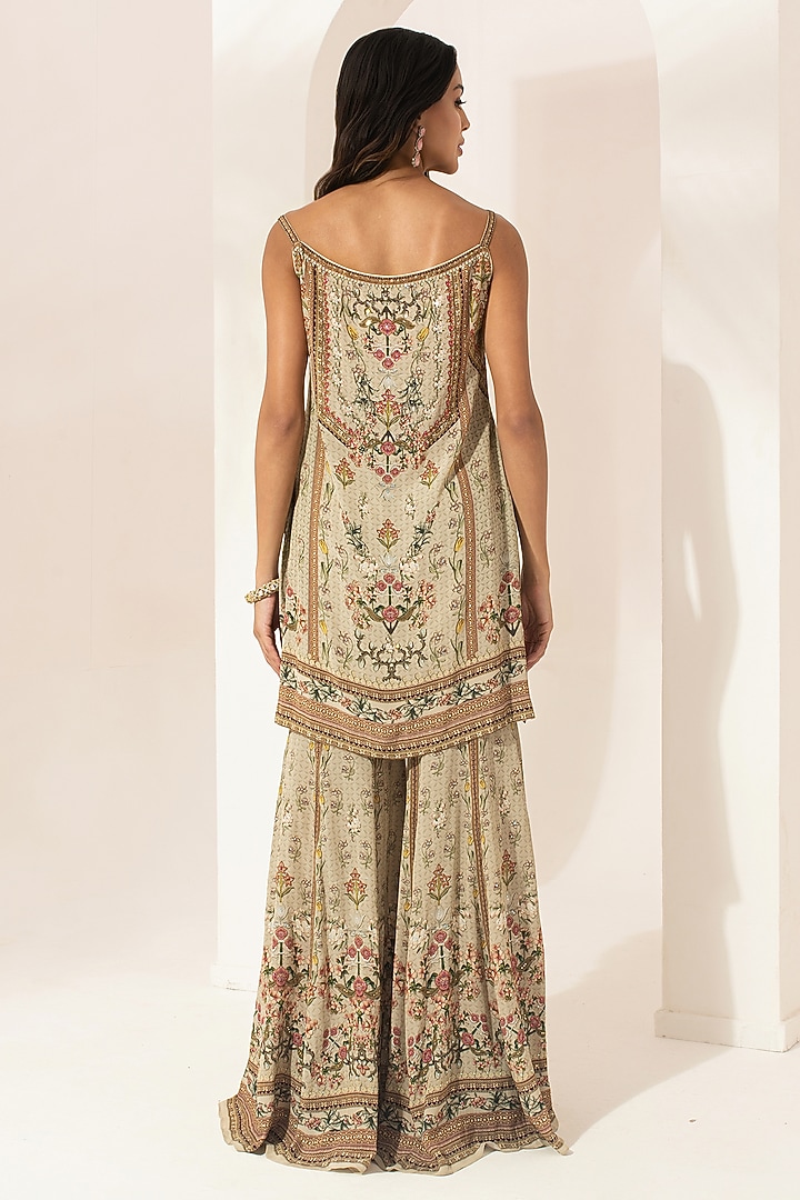 Beige Bemberg Crepe Digital Printed Party Wear Sharara Set by NIRRAAMYAA at Pernia's Pop Up Shop
