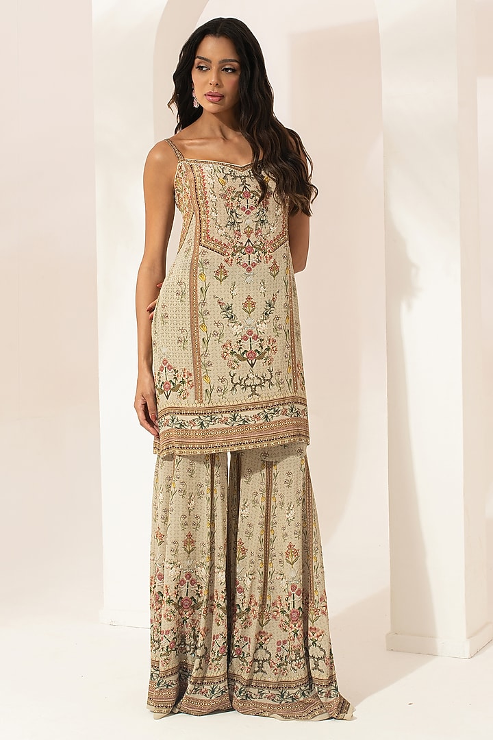 Beige Bemberg Crepe Digital Printed Party Wear Sharara Set by NIRRAAMYAA at Pernia's Pop Up Shop