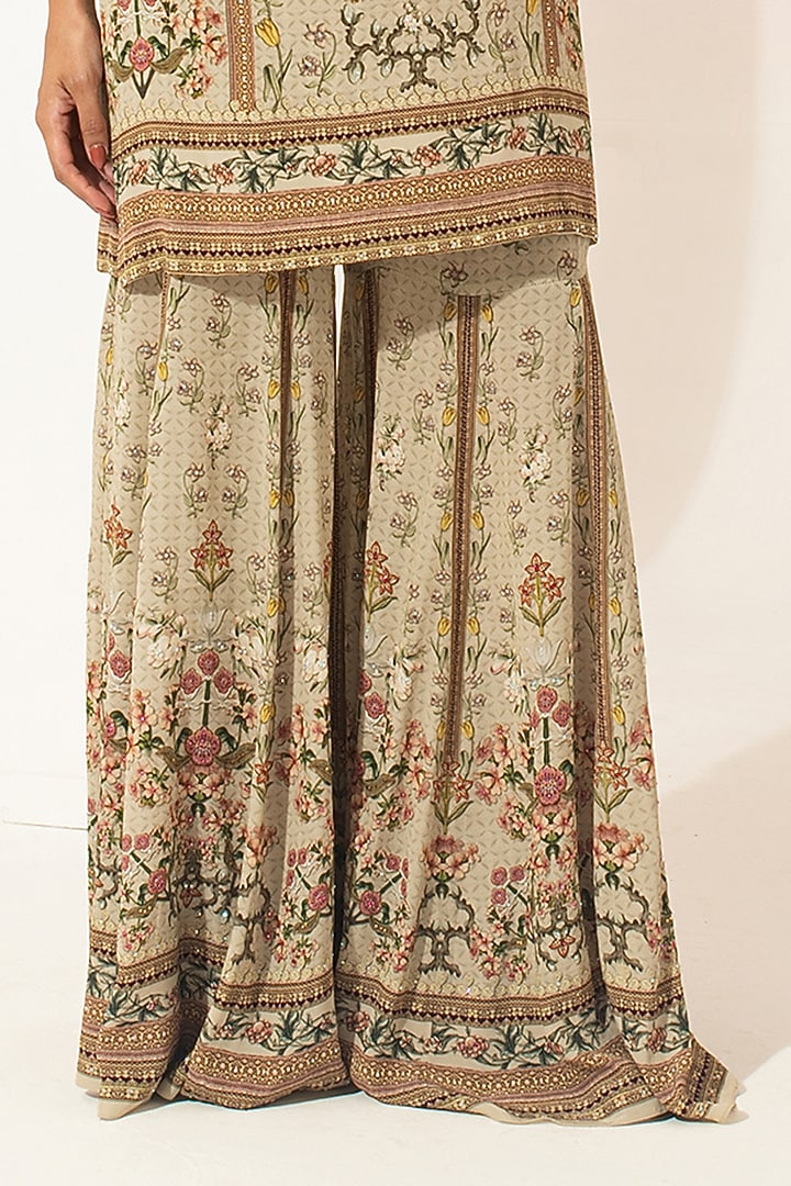 Beige Bemberg Crepe Digital Printed Party Wear Sharara Set by NIRRAAMYAA at Pernia's Pop Up Shop