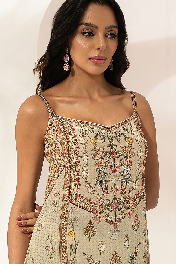 Beige Bemberg Crepe Digital Printed Party Wear Sharara Set by NIRRAAMYAA at Pernia's Pop Up Shop