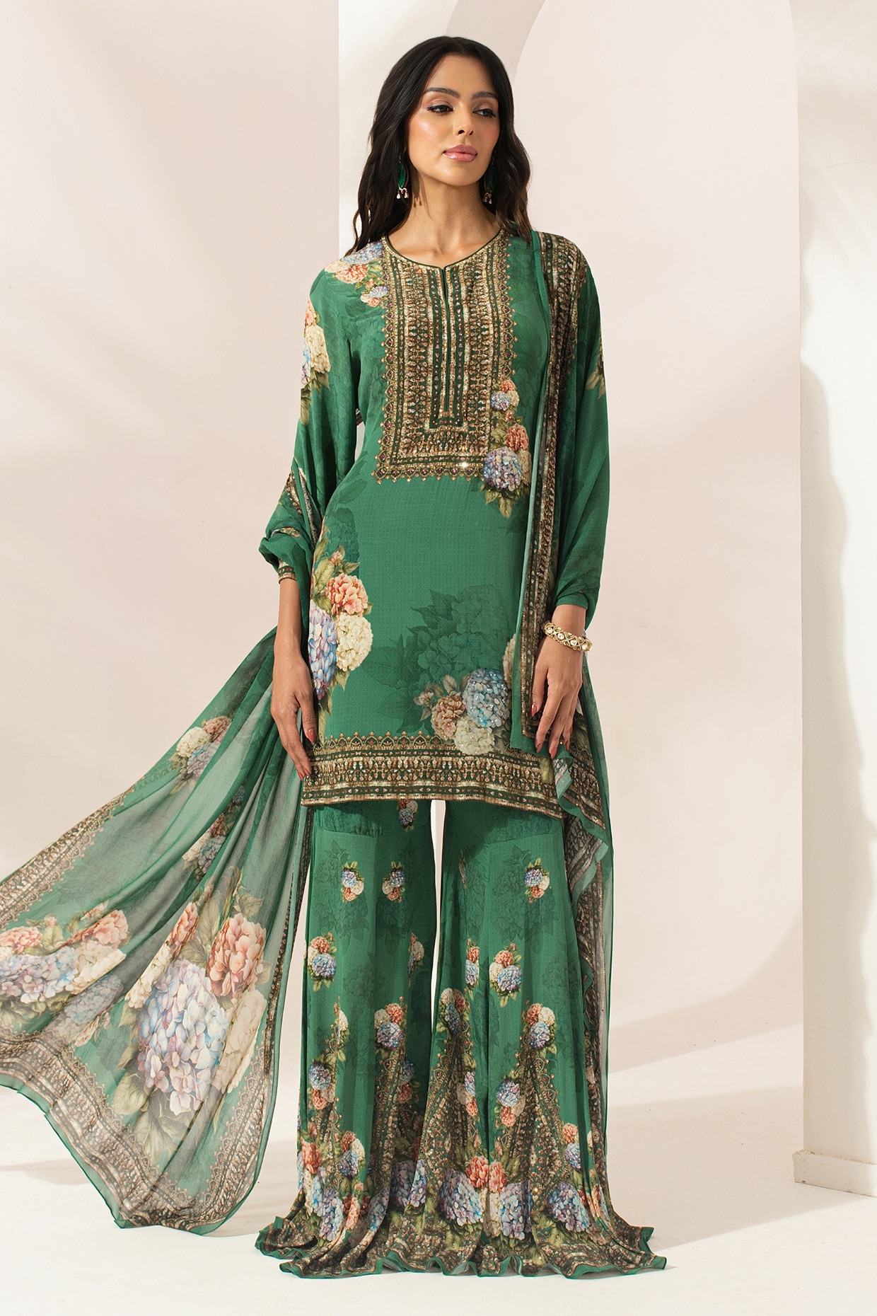 NIRRAAMYAA Green Bemberg Crepe Digital Printed Sharara Set