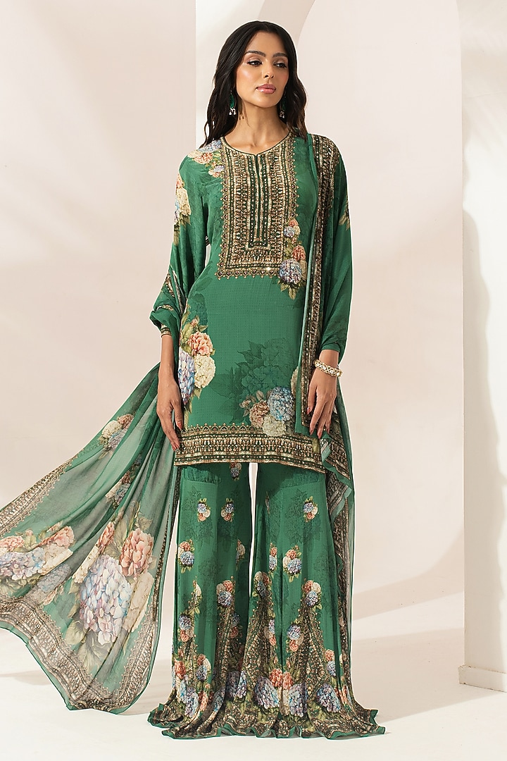 Green Bemberg Crepe Digital Printed Party Wear Sharara Set by NIRRAAMYAA at Pernia's Pop Up Shop