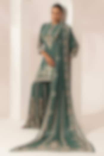 Teal Bemberg Crepe Digital Printed Party Wear Sharara Set by NIRRAAMYAA at Pernia's Pop Up Shop