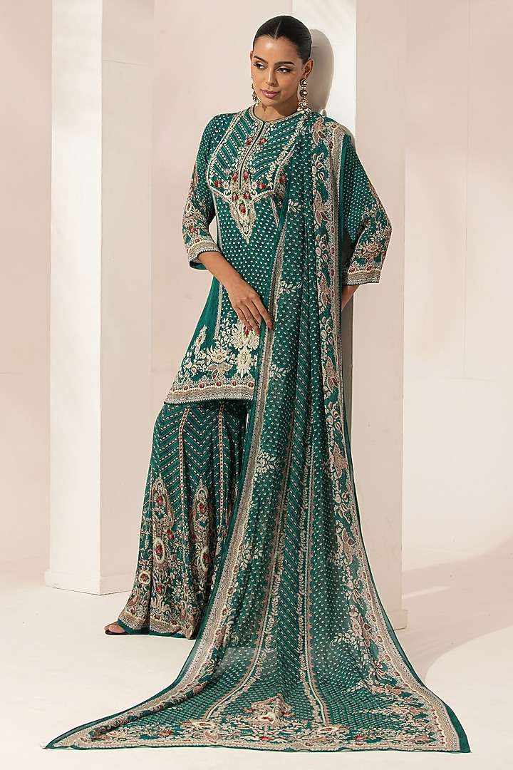 Teal Bemberg Crepe Digital Printed Party Wear Sharara Set by NIRRAAMYAA at Pernia's Pop Up Shop