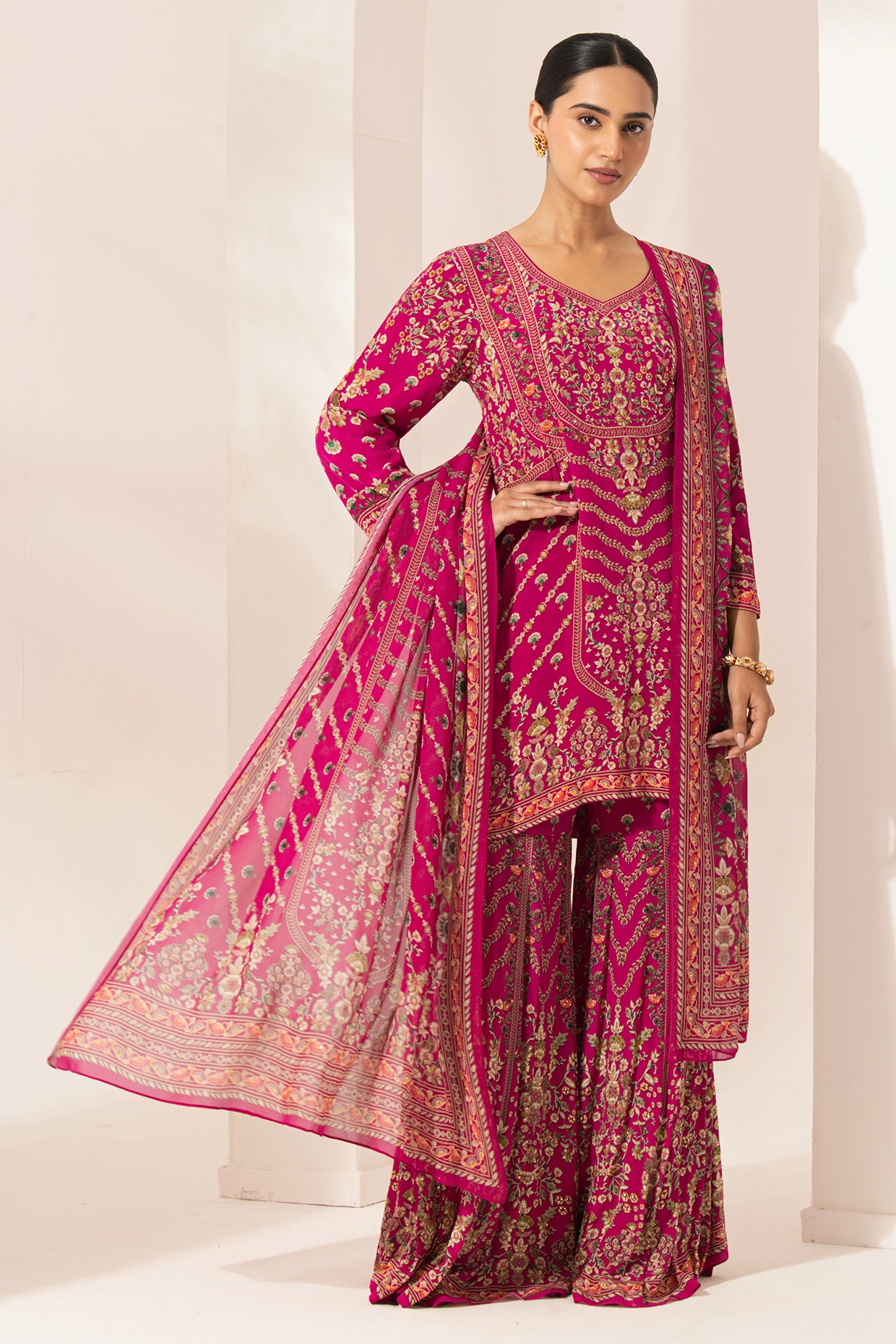NIRRAAMYAA Fuchsia Bemberg Crepe Digital Printed Sharara Set