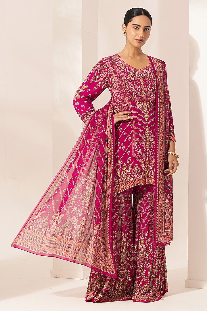 Fuchsia Bemberg Crepe Digital Printed Party Wear Sharara Set by NIRRAAMYAA at Pernia's Pop Up Shop