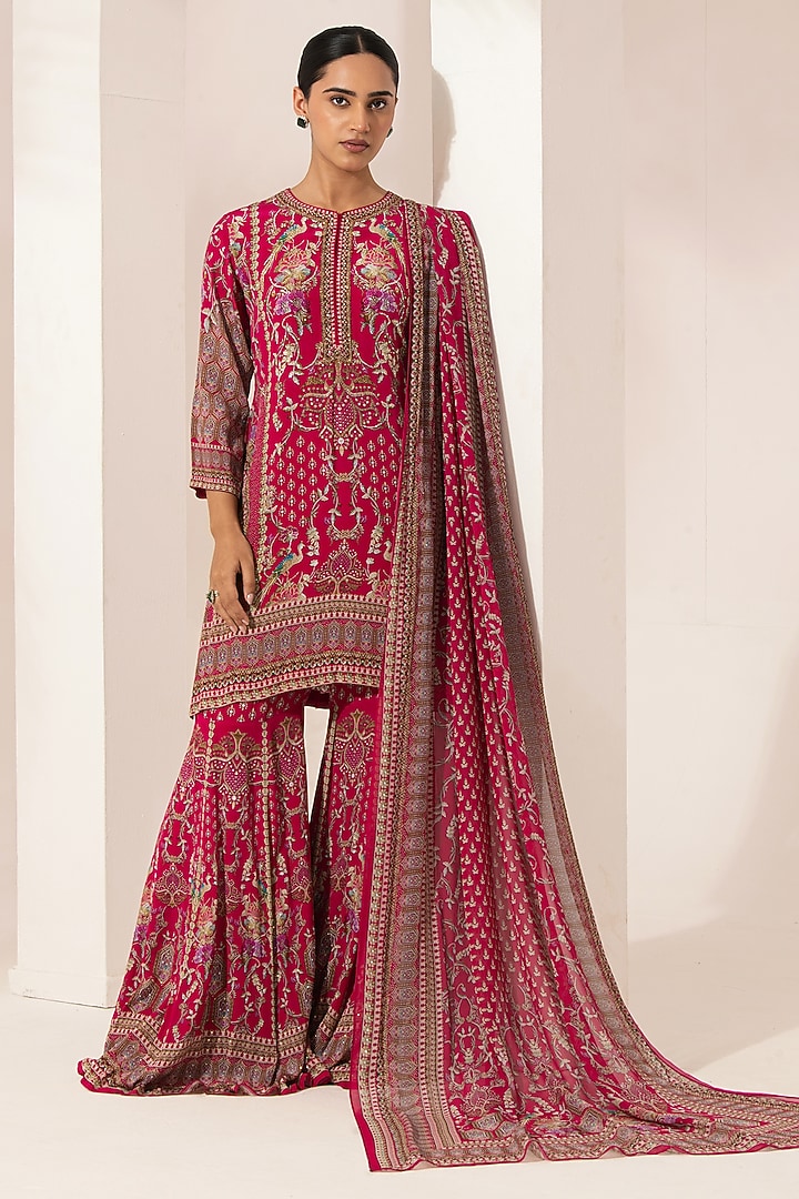 Fuchsia Bemberg Crepe Digital Printed Party Wear Sharara Set by NIRRAAMYAA at Pernia's Pop Up Shop
