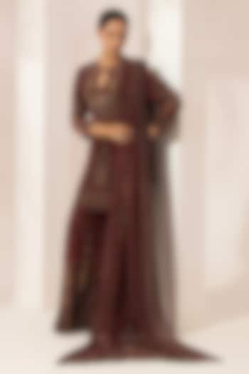 Wine Bemberg Crepe Digital Printed Party Wear Sharara Set by NIRRAAMYAA at Pernia's Pop Up Shop