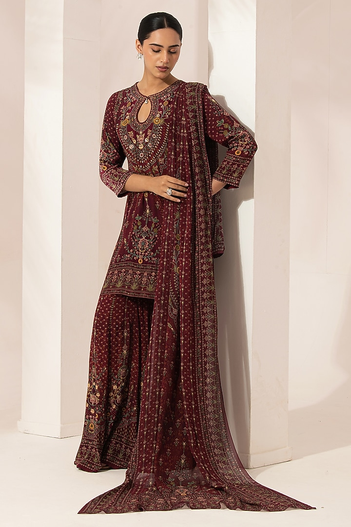 Wine Bemberg Crepe Digital Printed Party Wear Sharara Set by NIRRAAMYAA at Pernia's Pop Up Shop