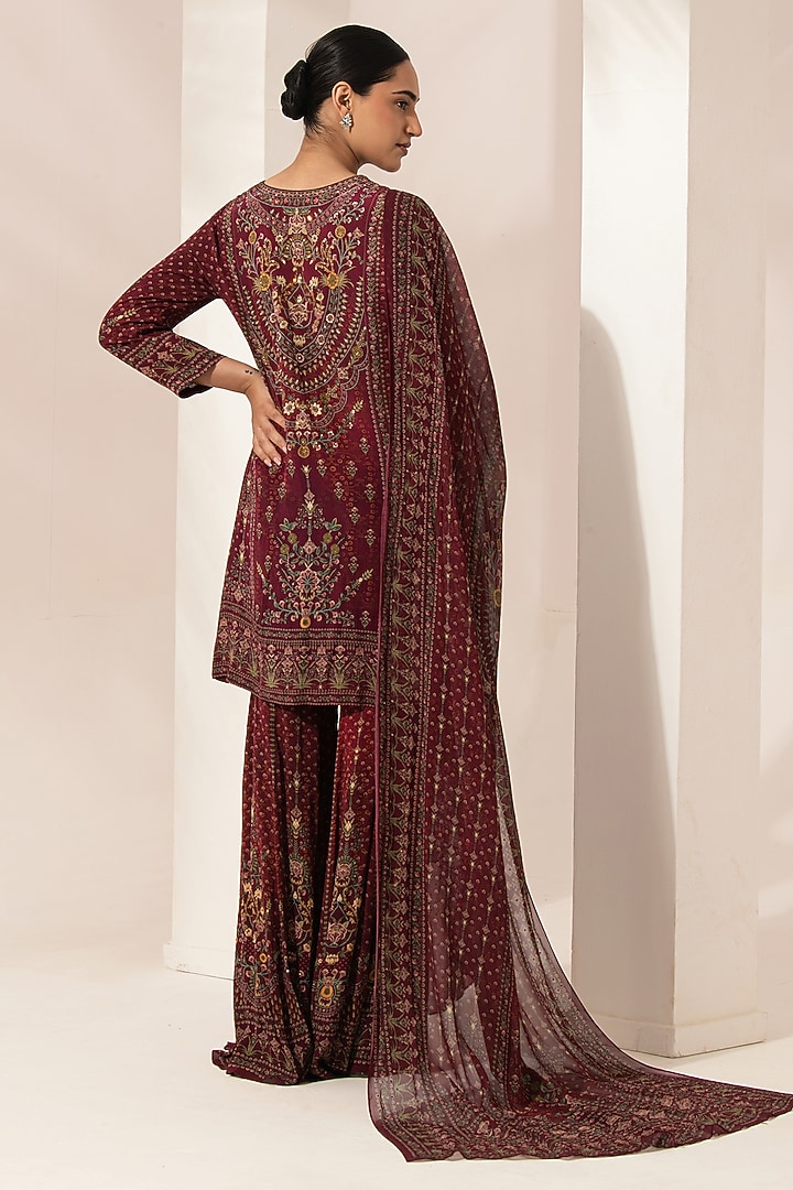 Wine Bemberg Crepe Digital Printed Party Wear Sharara Set by NIRRAAMYAA at Pernia's Pop Up Shop