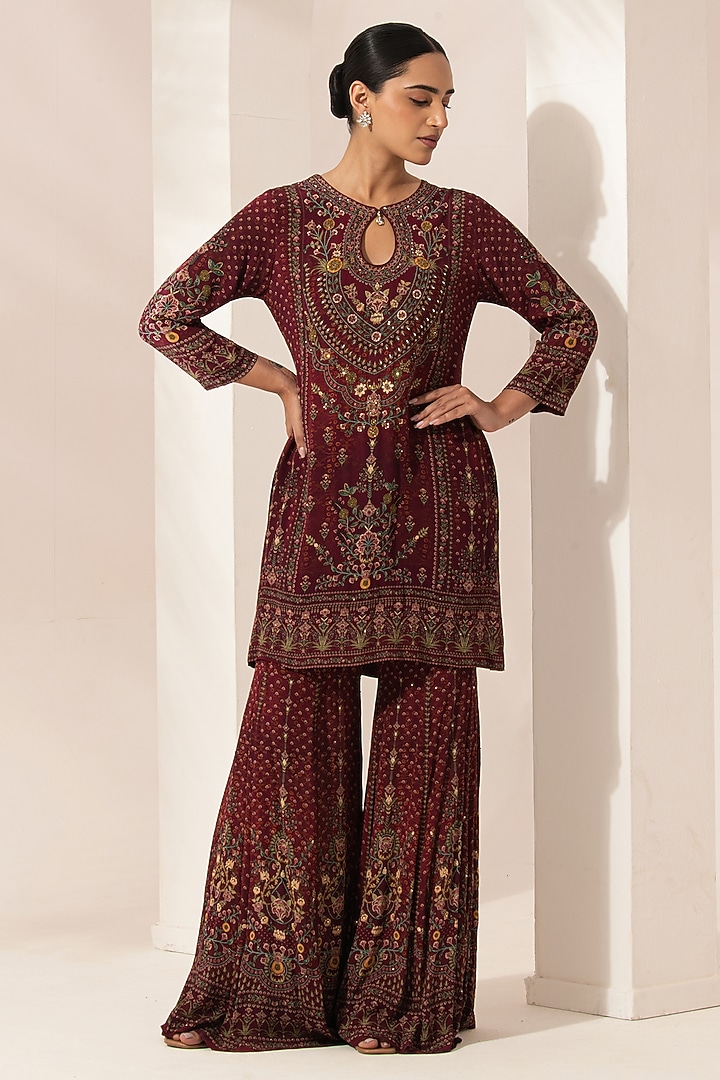Wine Bemberg Crepe Digital Printed Party Wear Sharara Set by NIRRAAMYAA at Pernia's Pop Up Shop