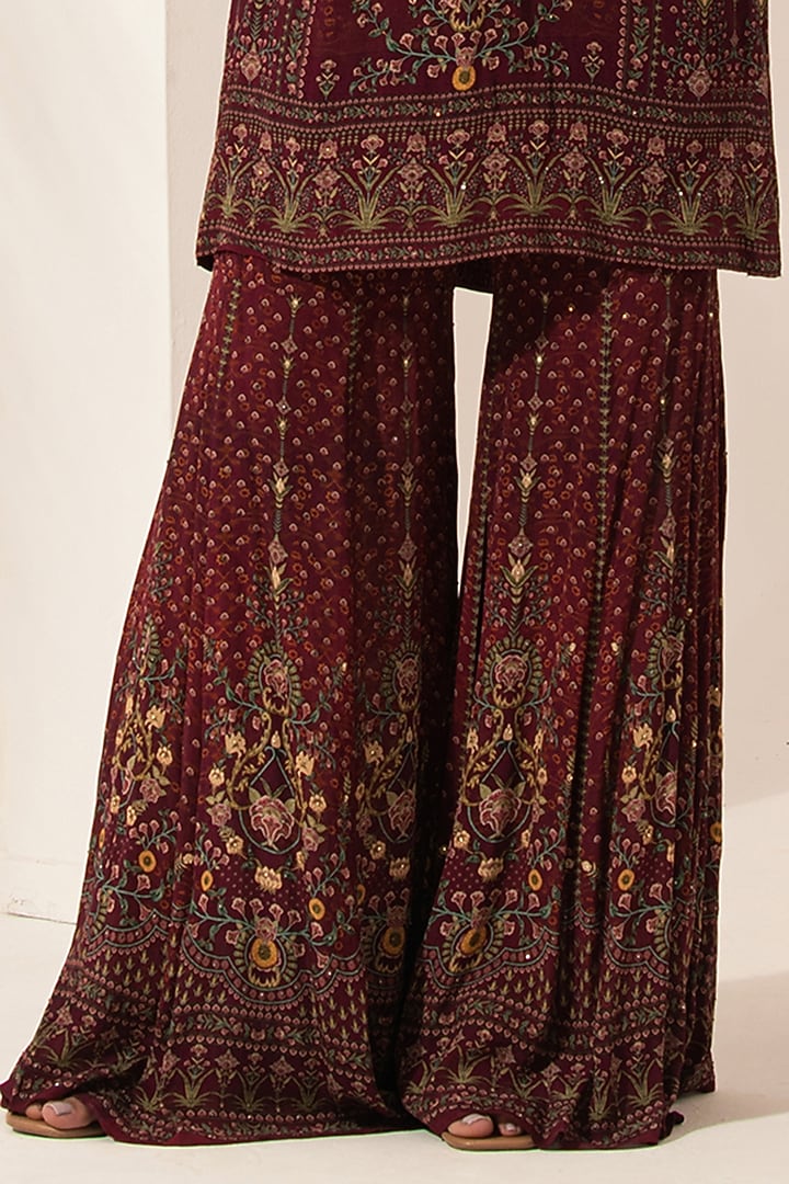 Wine Bemberg Crepe Digital Printed Party Wear Sharara Set by NIRRAAMYAA at Pernia's Pop Up Shop