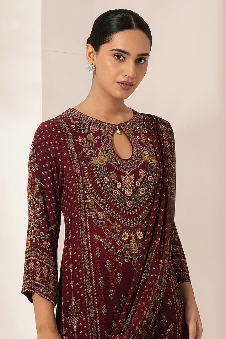 Wine Bemberg Crepe Digital Printed Party Wear Sharara Set by NIRRAAMYAA at Pernia's Pop Up Shop