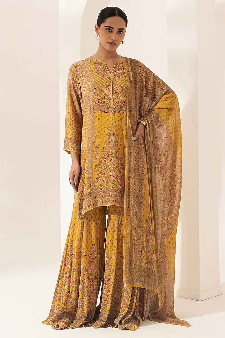Mustard Bemberg Crepe Digital Printed Party Wear Sharara Set by NIRRAAMYAA at Pernia's Pop Up Shop