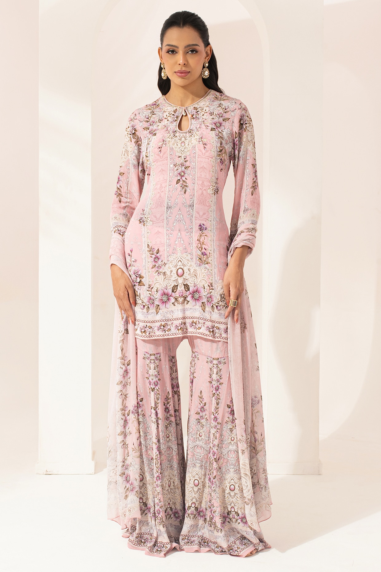 NIRRAAMYAA Peach Bemberg Crepe Digital Printed Sharara Set