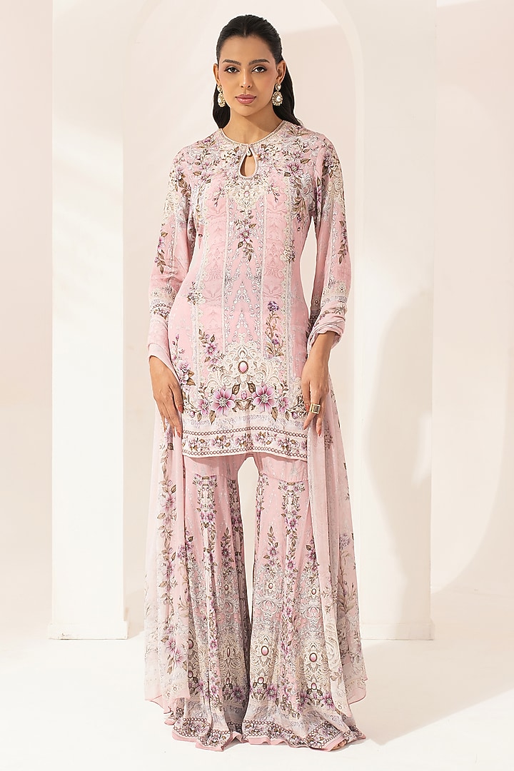 Peach Bemberg Crepe Digital Printed Party Wear Sharara Set by NIRRAAMYAA at Pernia's Pop Up Shop