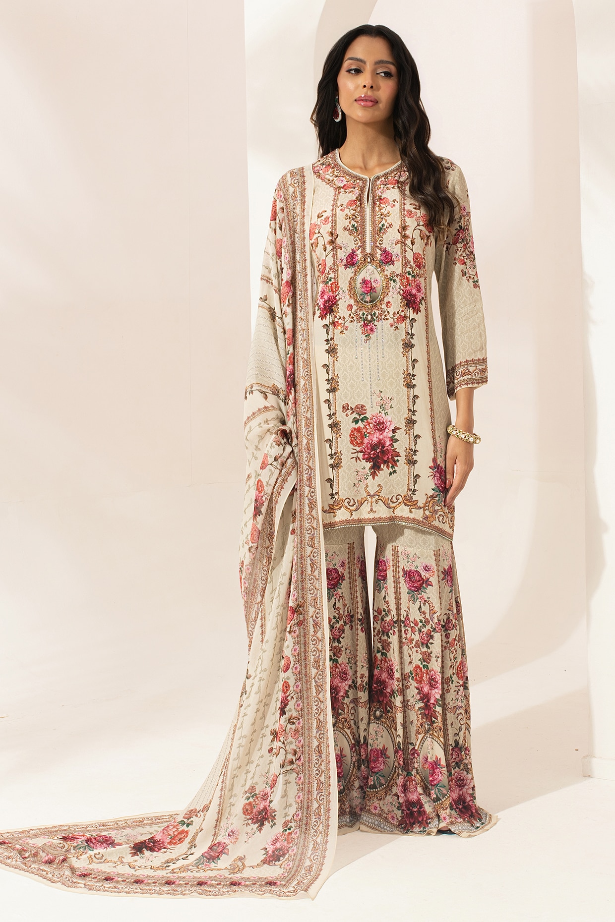 NIRRAAMYAA Beige Bemberg Crepe Digital Printed Sharara Set