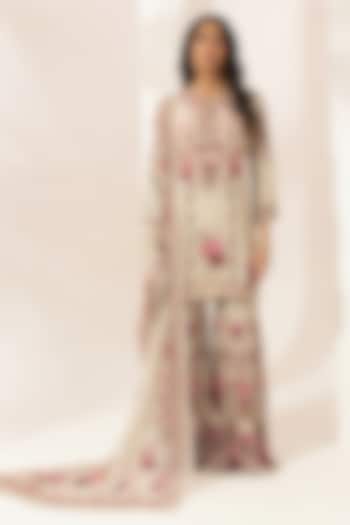 Beige Bemberg Crepe Digital Printed Party Wear Sharara Set by NIRRAAMYAA at Pernia's Pop Up Shop