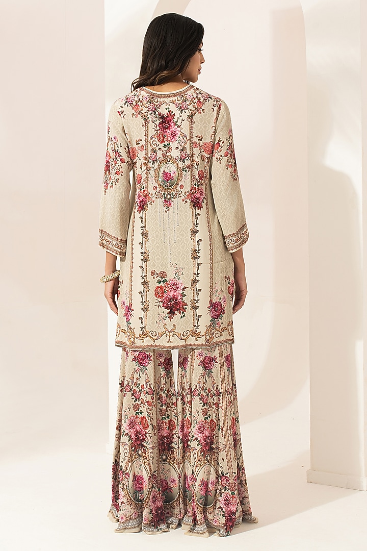 Beige Bemberg Crepe Digital Printed Party Wear Sharara Set by NIRRAAMYAA at Pernia's Pop Up Shop
