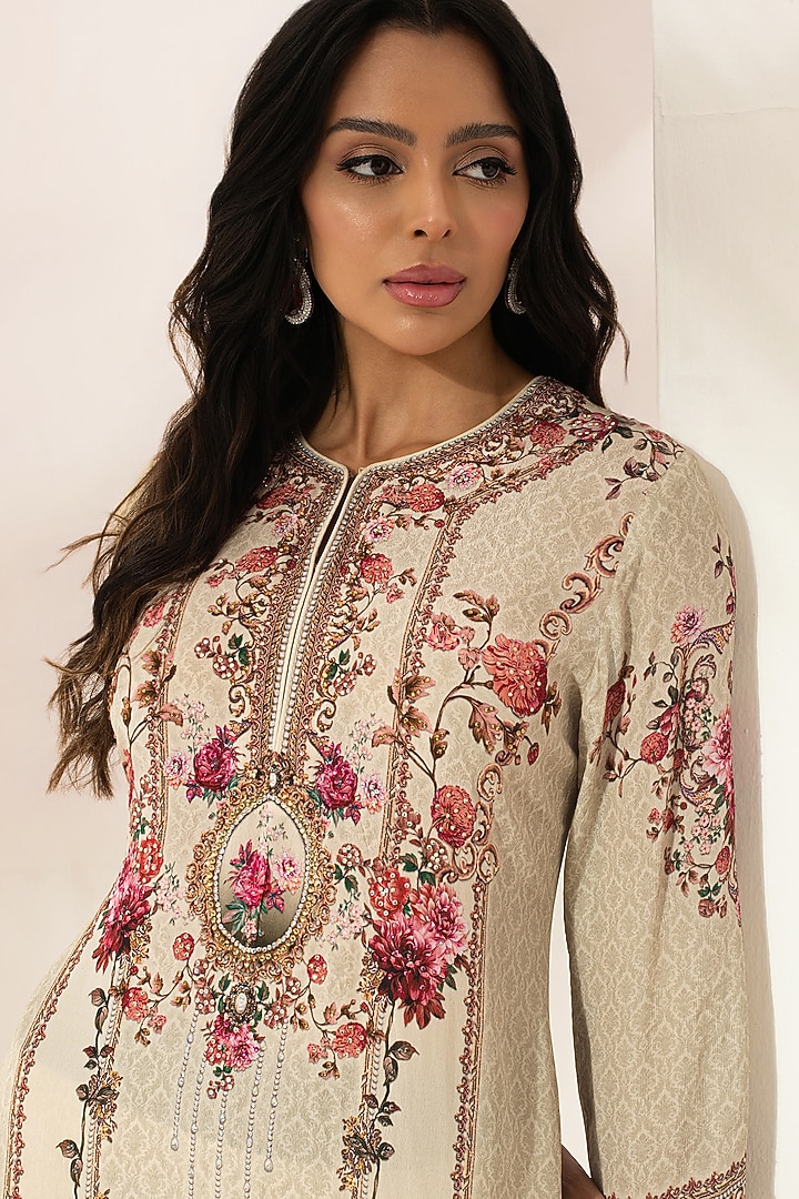 Beige Bemberg Crepe Digital Printed Party Wear Sharara Set by NIRRAAMYAA at Pernia's Pop Up Shop