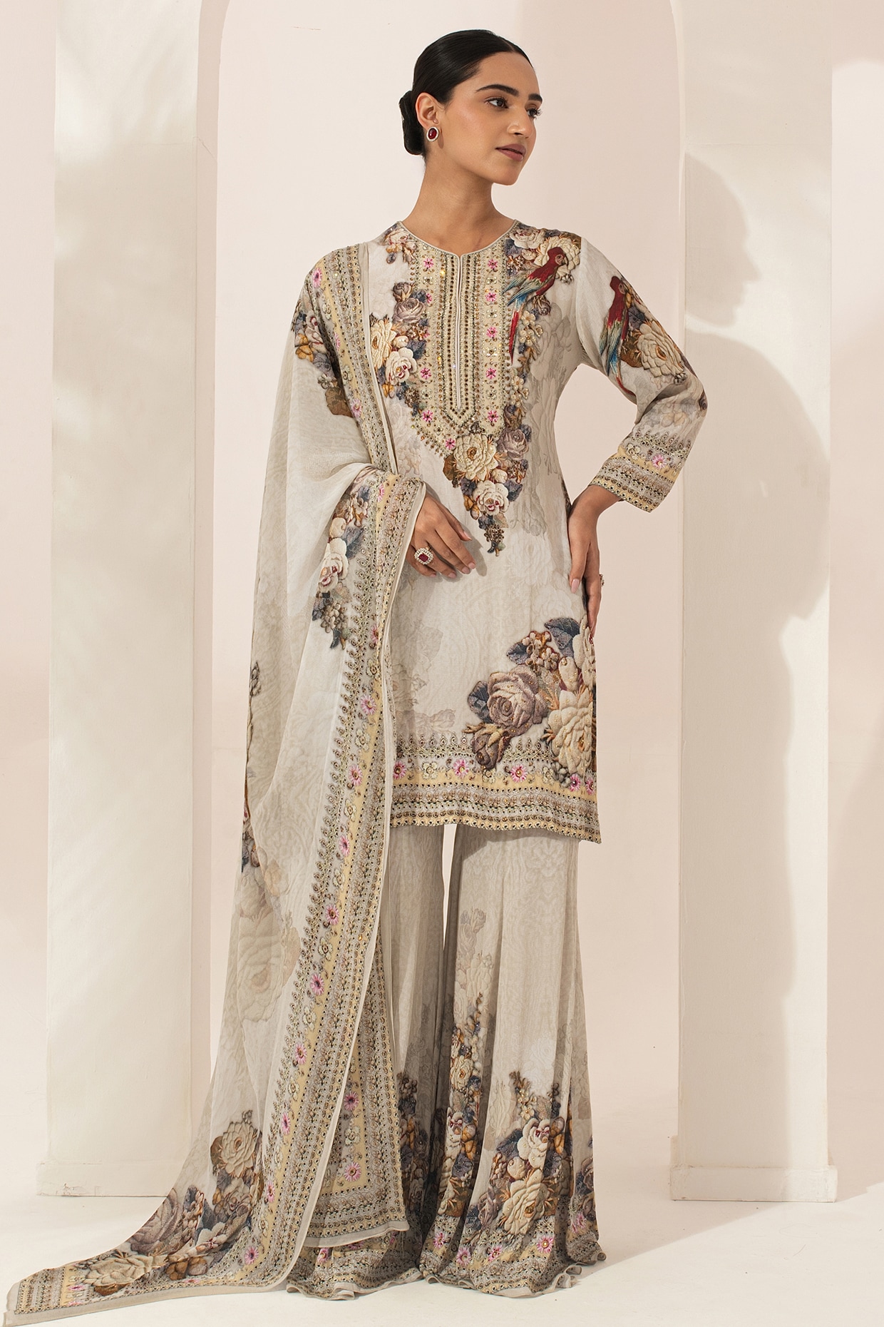 NIRRAAMYAA Beige Bemberg Crepe Digital Printed Sharara Set