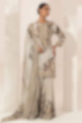 Beige Bemberg Crepe Digital Printed Party Wear Sharara Set by NIRRAAMYAA at Pernia's Pop Up Shop