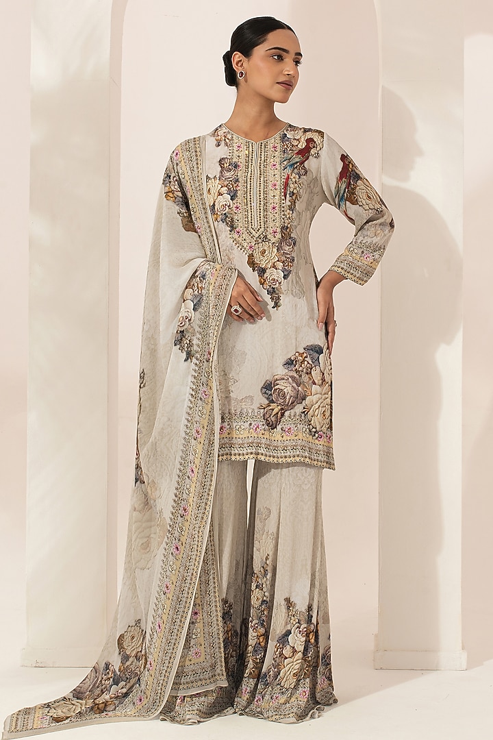 Beige Bemberg Crepe Digital Printed Party Wear Sharara Set by NIRRAAMYAA at Pernia's Pop Up Shop