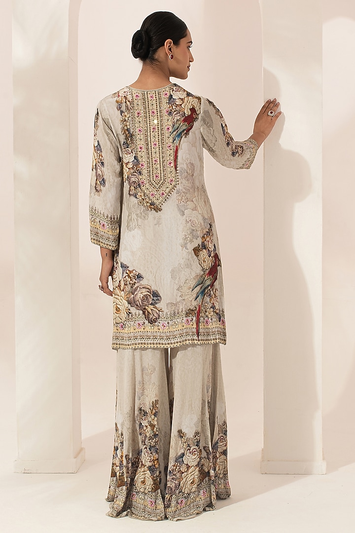 Beige Bemberg Crepe Digital Printed Party Wear Sharara Set by NIRRAAMYAA at Pernia's Pop Up Shop