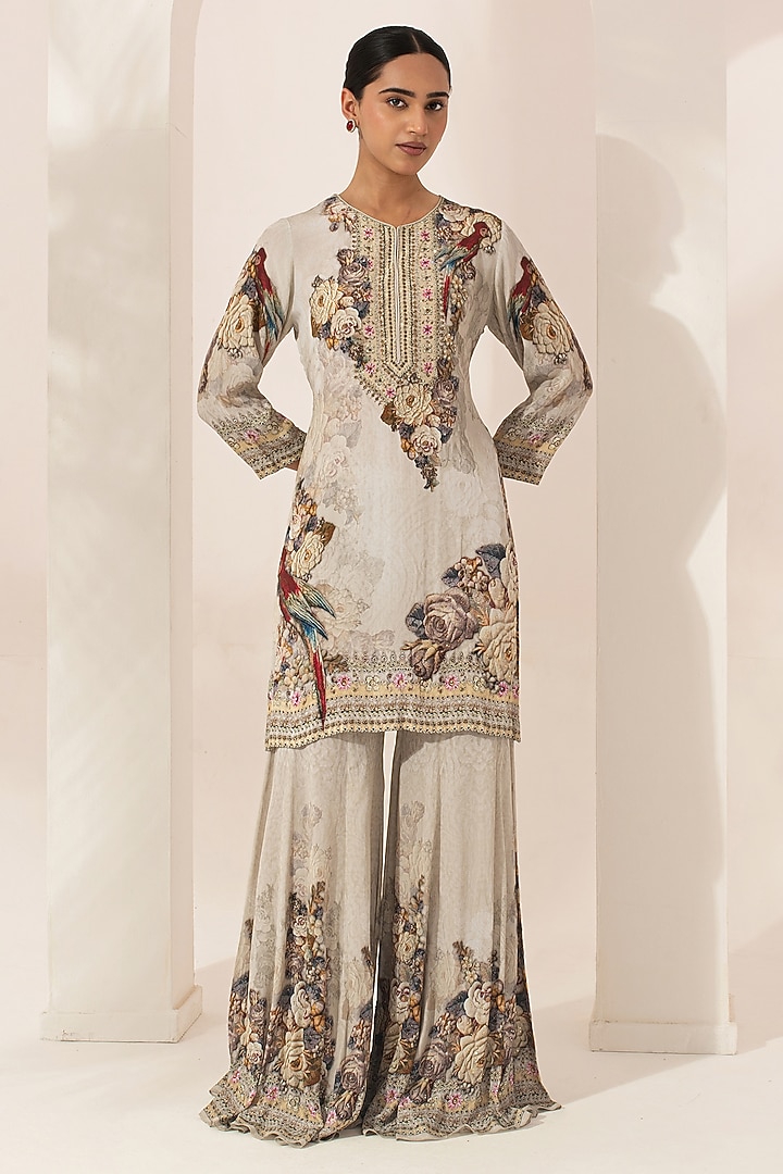 Beige Bemberg Crepe Digital Printed Party Wear Sharara Set by NIRRAAMYAA at Pernia's Pop Up Shop