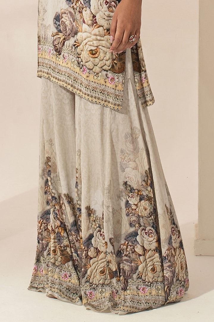 Beige Bemberg Crepe Digital Printed Party Wear Sharara Set by NIRRAAMYAA at Pernia's Pop Up Shop