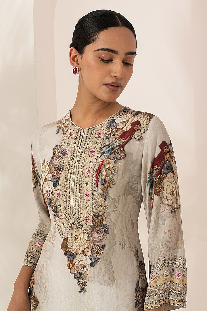 Beige Bemberg Crepe Digital Printed Party Wear Sharara Set by NIRRAAMYAA at Pernia's Pop Up Shop