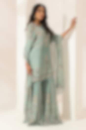 Aqua Bemberg Crepe Digital Printed Party Wear Sharara Set by NIRRAAMYAA at Pernia's Pop Up Shop