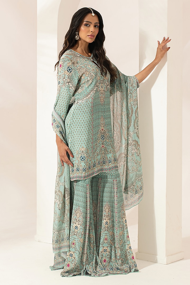 Aqua Bemberg Crepe Digital Printed Party Wear Sharara Set by NIRRAAMYAA at Pernia's Pop Up Shop