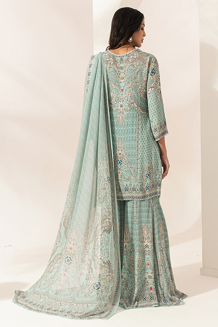 Aqua Bemberg Crepe Digital Printed Party Wear Sharara Set by NIRRAAMYAA at Pernia's Pop Up Shop