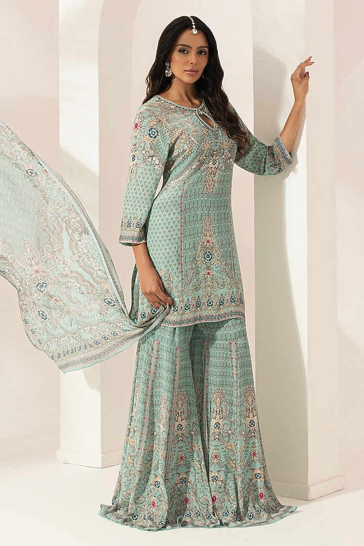 Aqua Bemberg Crepe Digital Printed Party Wear Sharara Set by NIRRAAMYAA at Pernia's Pop Up Shop