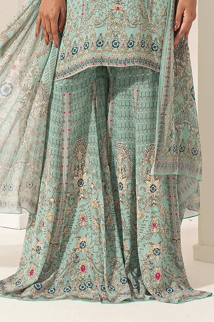Aqua Bemberg Crepe Digital Printed Party Wear Sharara Set by NIRRAAMYAA at Pernia's Pop Up Shop