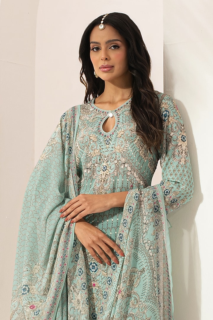 Aqua Bemberg Crepe Digital Printed Party Wear Sharara Set by NIRRAAMYAA at Pernia's Pop Up Shop