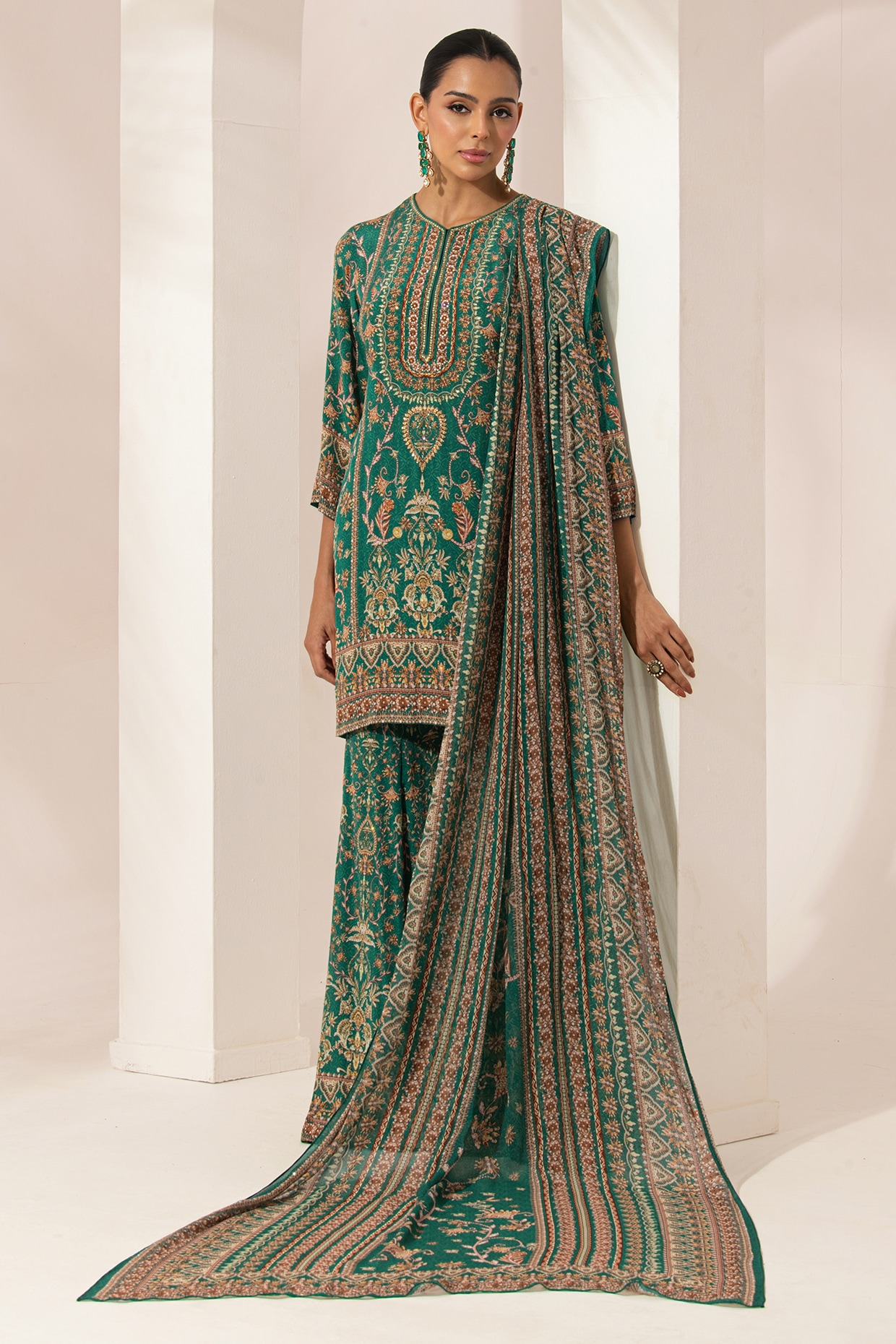 NIRRAAMYAA Teal Bemberg Crepe Digital Printed Sharara Set